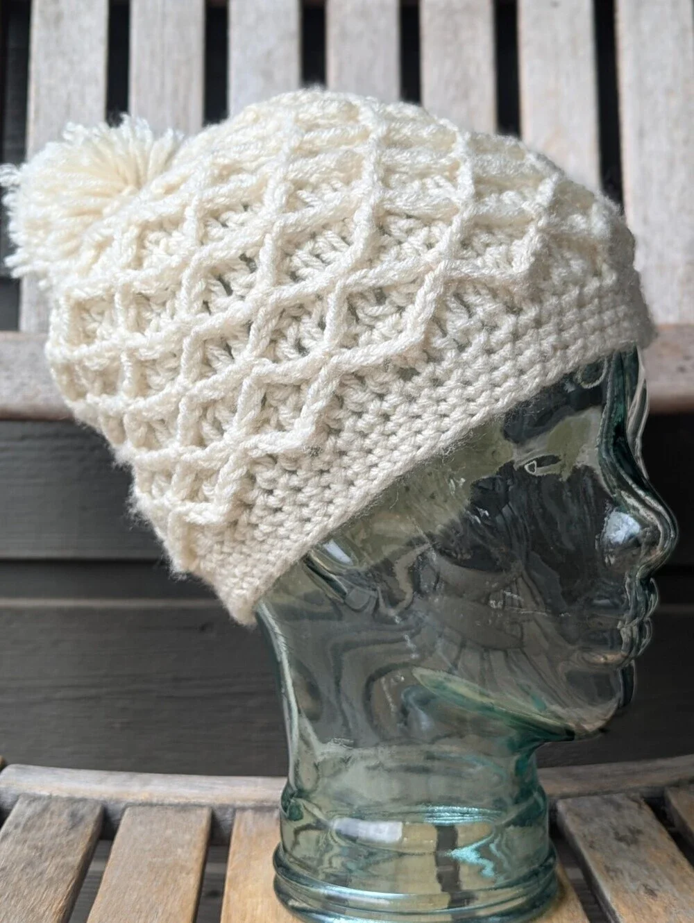 Hand Knit Cream Layered Knit Pom Pom Beanie